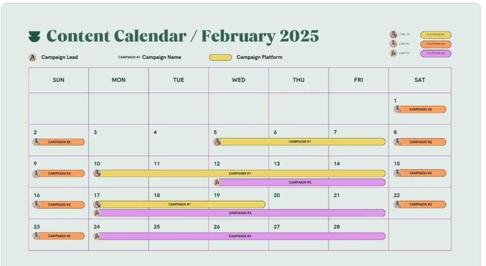 This is an example of a content calendar using a Canva template that shows the month of February 2025 with boxes for each day of the month to assign projects tasks into. 
