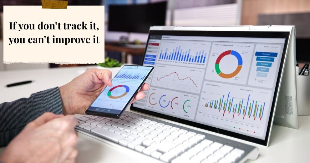 The image is a photo of a laptop with an analytics dashboard on the screen and a text overlay that reads 